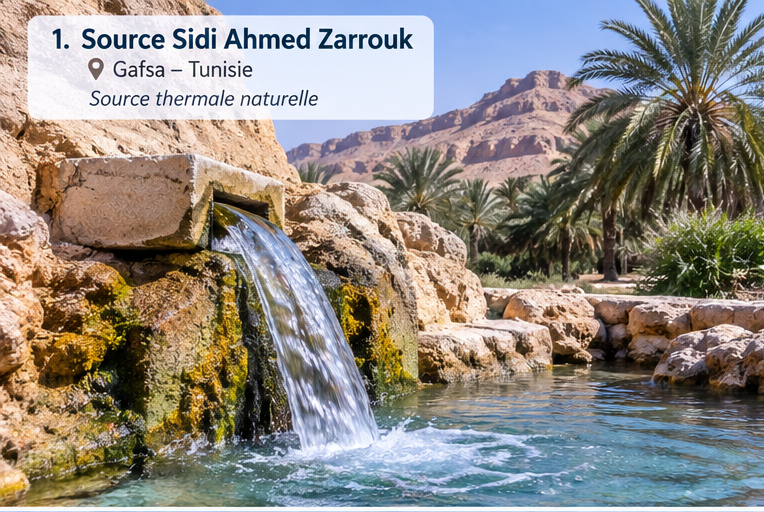 Source thermale Sidi Ahmed Zarrouk, Gafsa — paysage minéral et vapeur